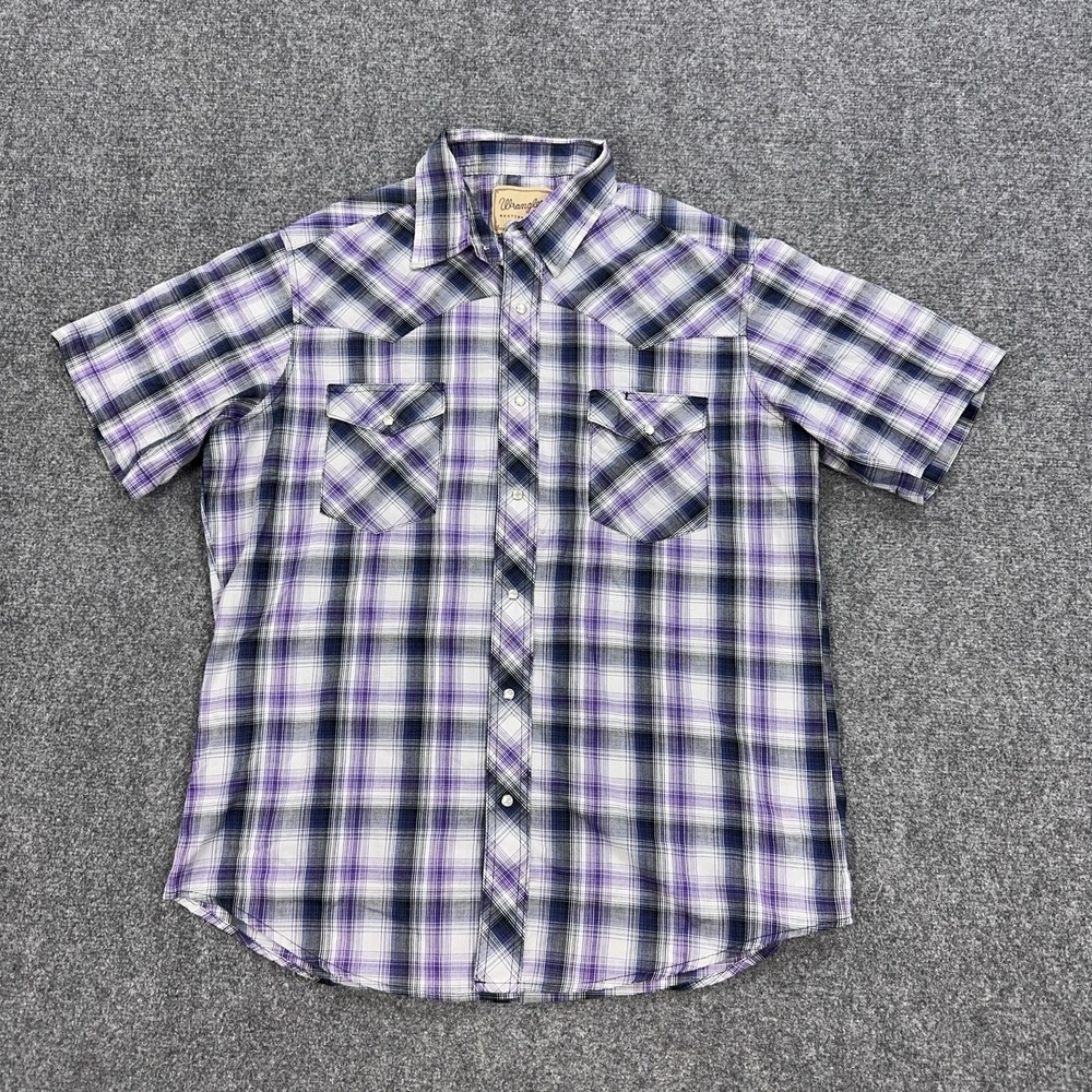 Wrangler Shirt Mens XL Purple Plaid Cotton Short Sleeve Pearl‎ Snap Western